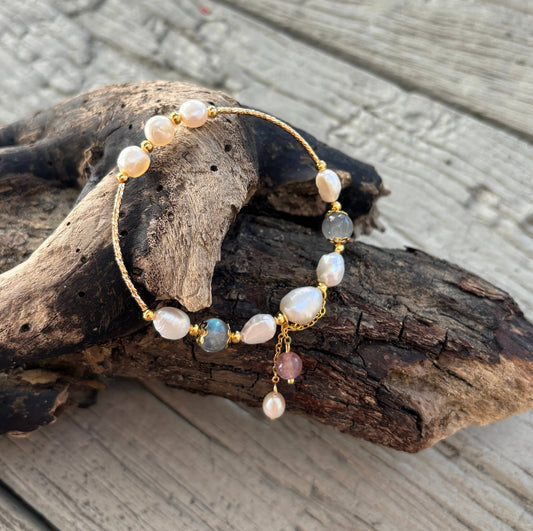 Ocean Ripples - 14ct Gold Plated Fresh Water Pearl Moonstone Elastic Bracele