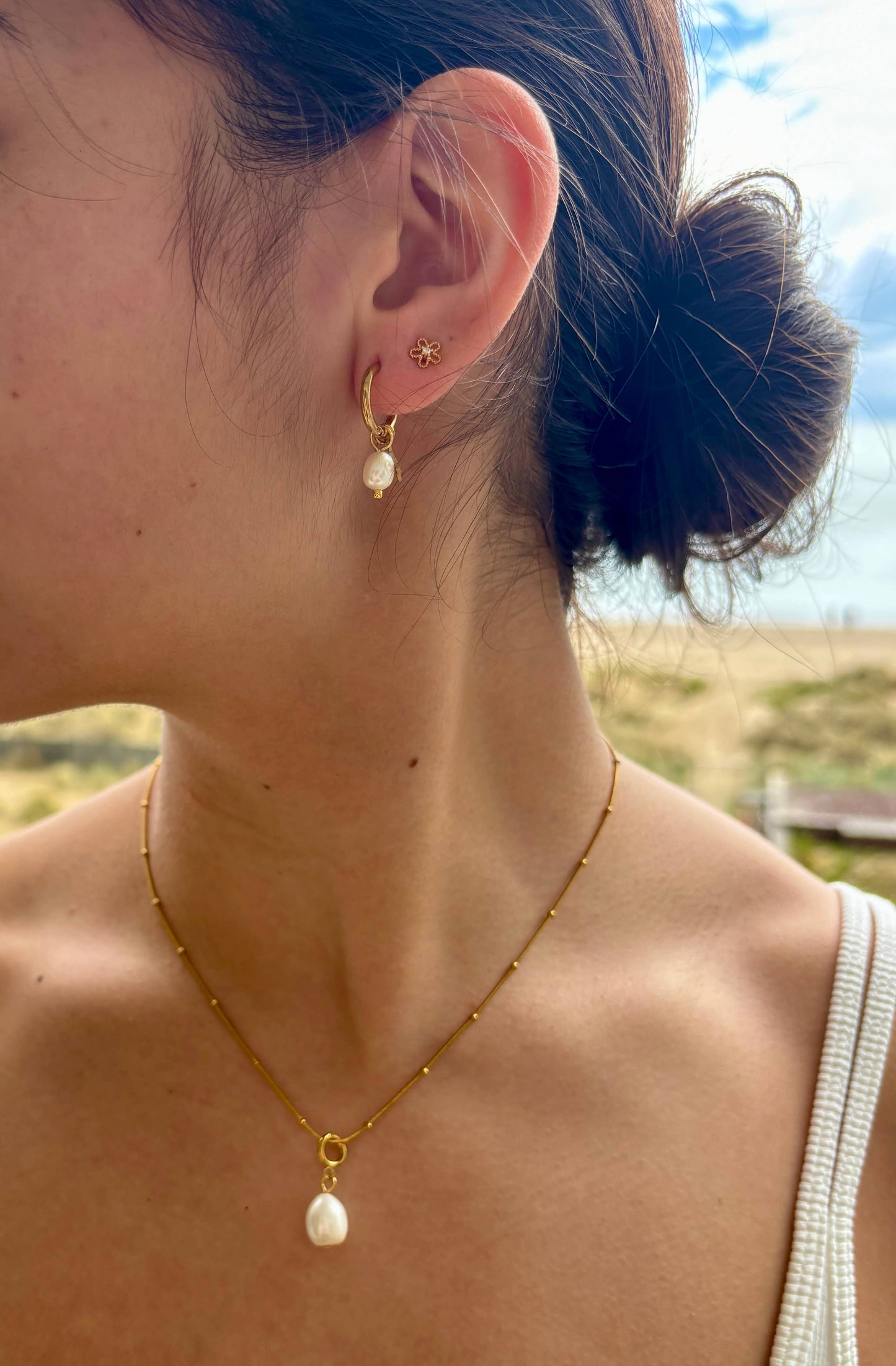 Ocean Ripples - 18ct Gold Plated Fresh Water Pearl Gold Star Huggie Earrings