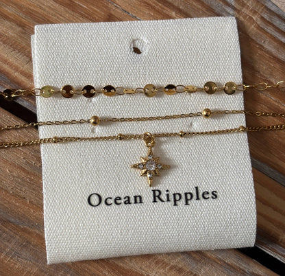 Ocean Ripples - 18ct Gold Plated Triple Chain Star Necklace 
