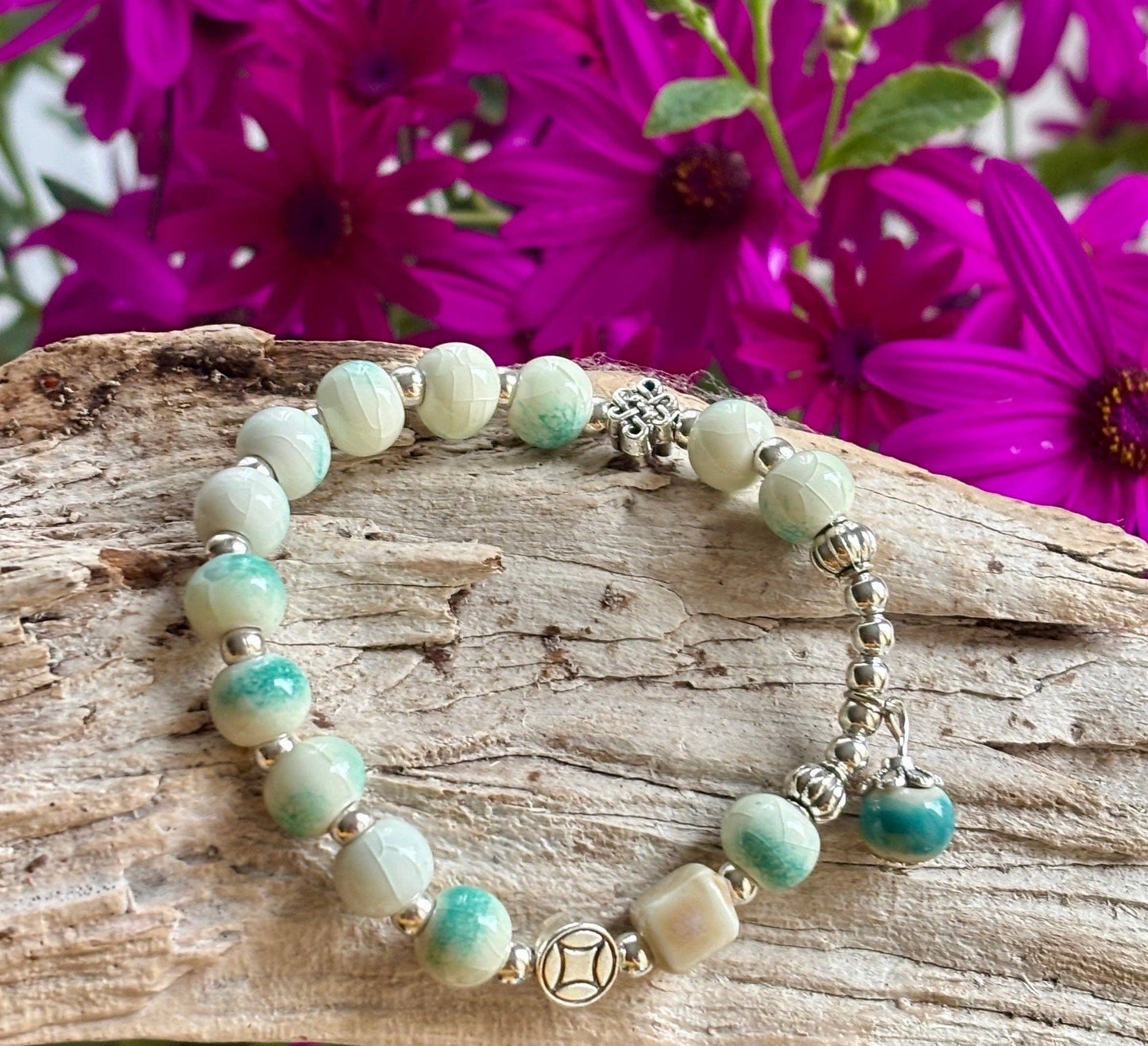 Ocean Ripples - Ceramic Beads Bracelet With Charm - Cracked Green