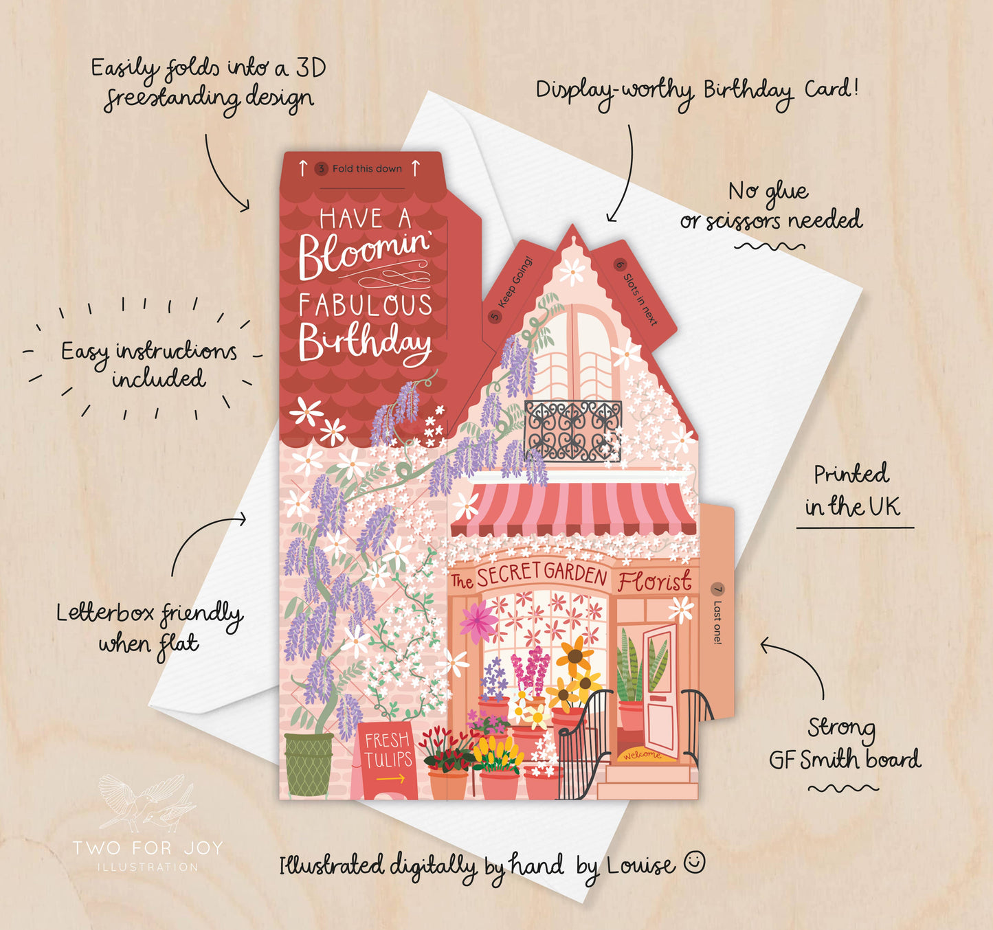 Two For Joy Illustration - Florist Birthday Card – 3D Slot Together Greeting Card
