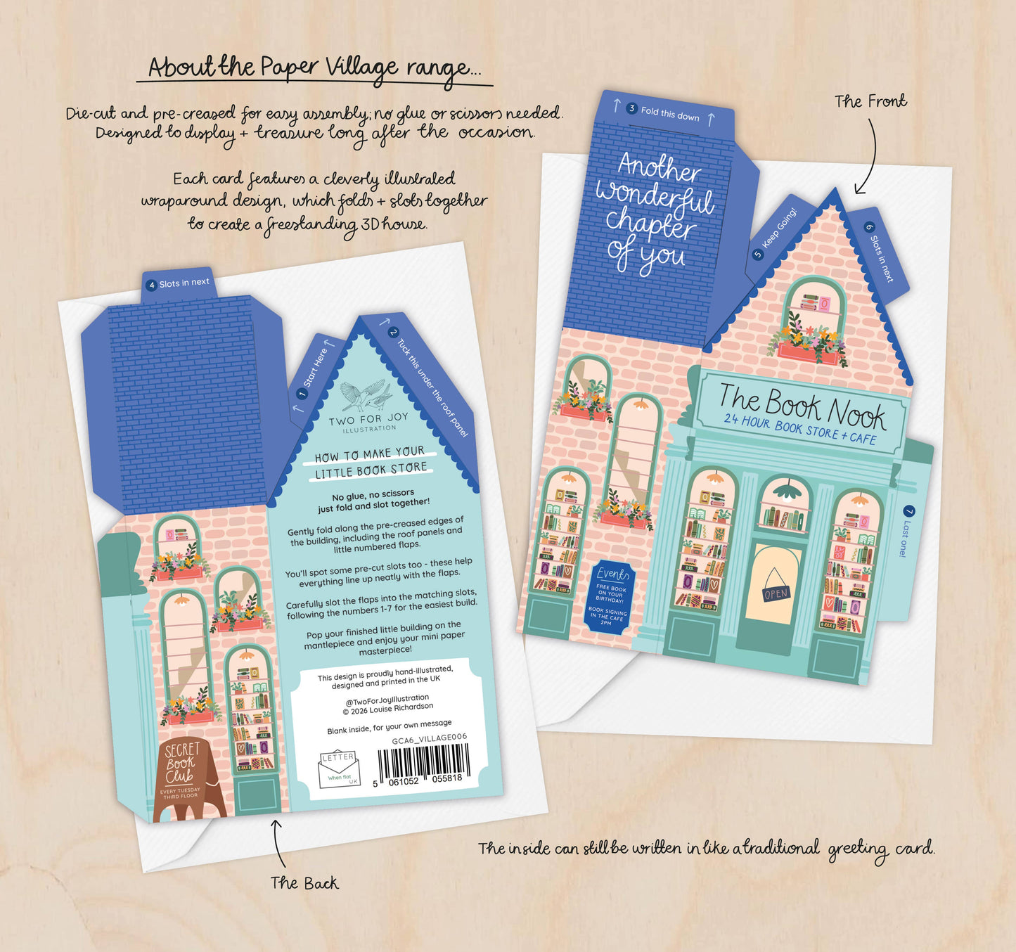 Two For Joy Illustration - Book Nook Birthday Card – 3D Slot Together Card