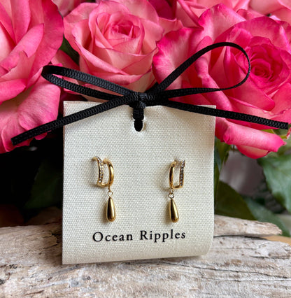 Ocean Ripples - 18ct Gold Plated Cubic Zirconia Teardrop Earrings