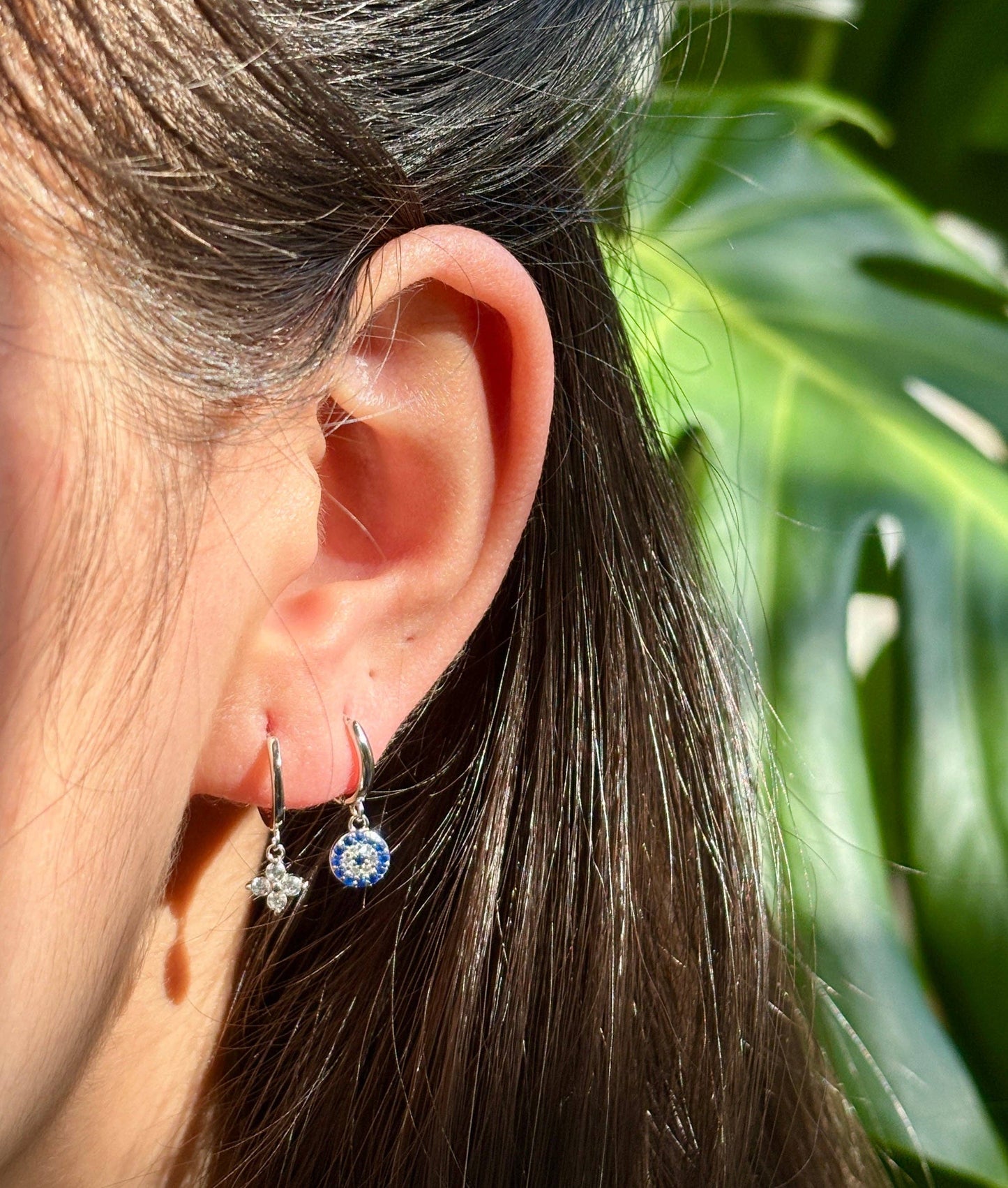 Ocean Ripples - 925 Sterling Silver Cubic Zirconia Clover Huggie Earrings