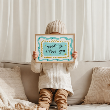 It's Lucy Doodles - Goodnight I love you boys Whimsical Wall Print blue