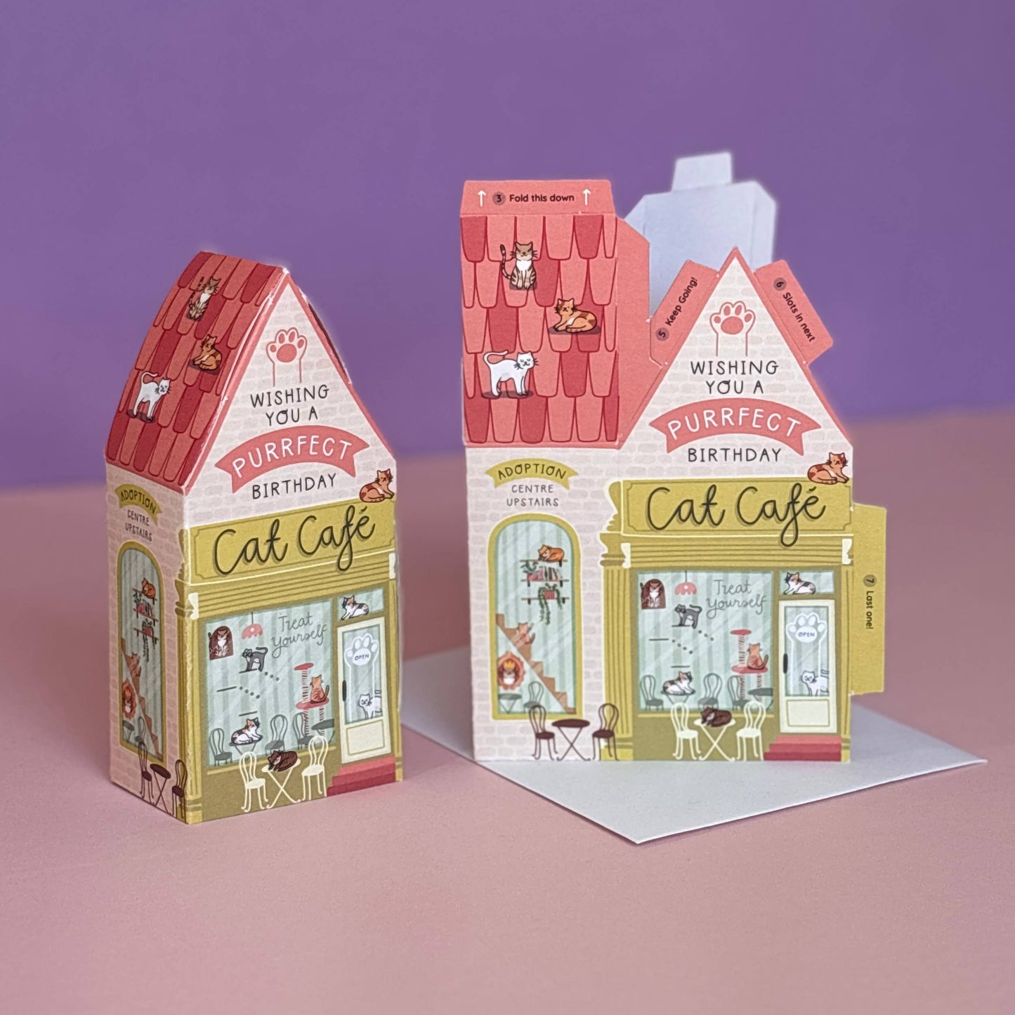 Two For Joy Illustration - Cat Cafe Birthday Card – 3D Slot Together Card Greeting Card