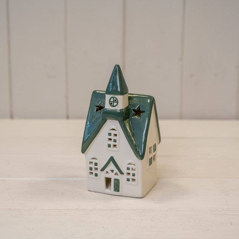 White/Green Ceramic House Tealight - christmas decoration