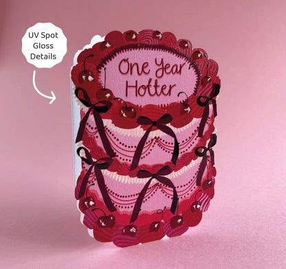 Two For Joy Illustration - One Year Hotter - Birthday Cake Shaped Greeting Card