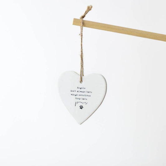 White Heart Angels Sometimes Have Paws hanging ceramic heart, 9cm