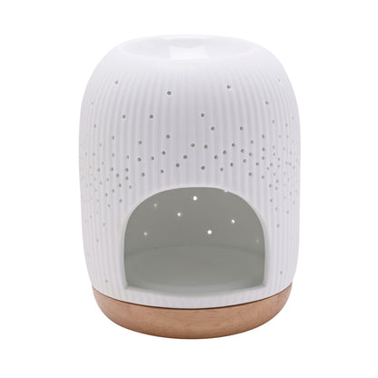 WHITE RINGED CERAMIC WAX MELT BURNER WITH PIN HOLE DETAIL