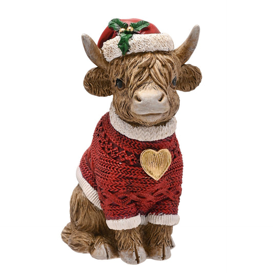 HIGHLAND COW CHRISTMAS FIGURINE - SITTING