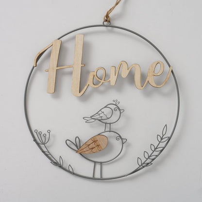 Wire and wood circular wreath with bird motif. 2 slogans home and love