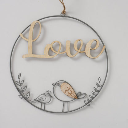 Wire and wood circular wreath with bird motif. 2 slogans home and love