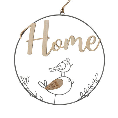 Wire and wood circular wreath with bird motif. 2 slogans home and love