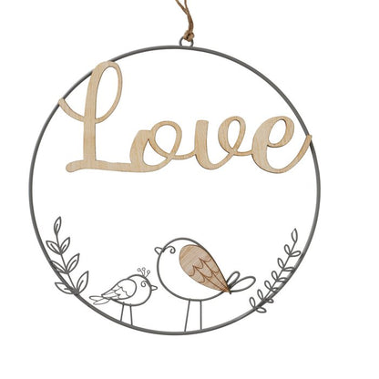 Wire and wood circular wreath with bird motif. 2 slogans home and love