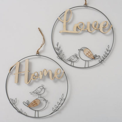 Wire and wood circular wreath with bird motif. 2 slogans home and love