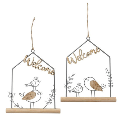 Welcome wire and wood birdie hanging pendants