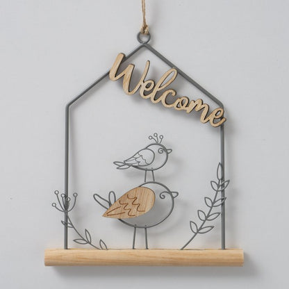 Welcome wire and wood birdie hanging pendants