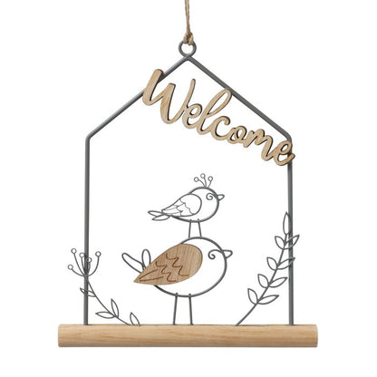 Welcome wire and wood birdie hanging pendants
