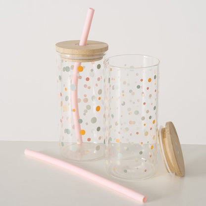 Polka dot glass tumbler with straw