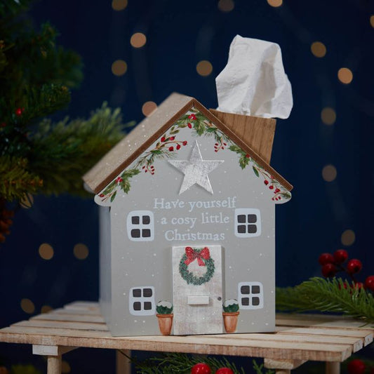 XMAS COSY HOUSE TISSUE BOX GREY WOOD WITH GREEN WREATH