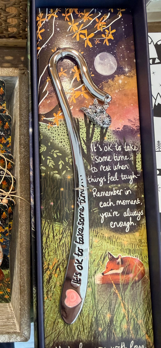Fox under the moon silver bookmark - It's oK t take some time, to rest when It's ok to take some tum things feel tough-Remember in each moment, you're always enough.