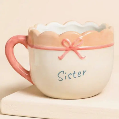 Cream Ceramic Scallop Edge Bow Sister Mug