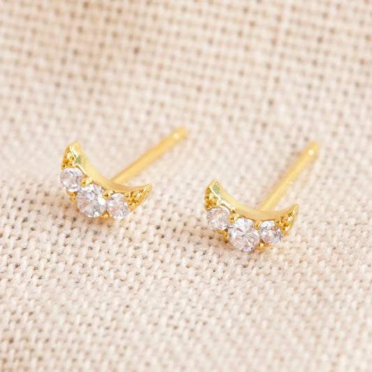 Tiny Crystal Moon Stud Earrings in Gold
