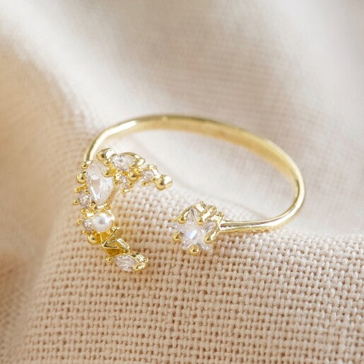 Adjustable Crystal Moon and Star Ring in Gold