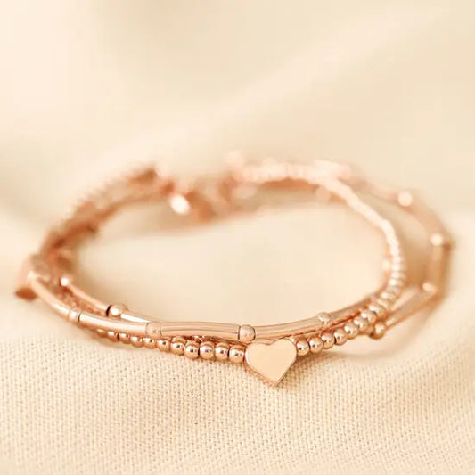 Heart Beaded Triple Layered Bracelet in Rose Gold