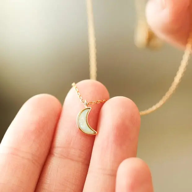 Opal Moon Charm Necklace in Gold