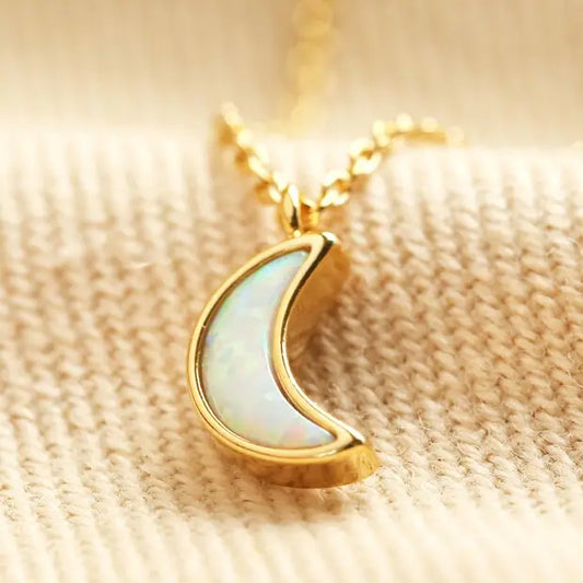 Opal Moon Charm Necklace in Gold