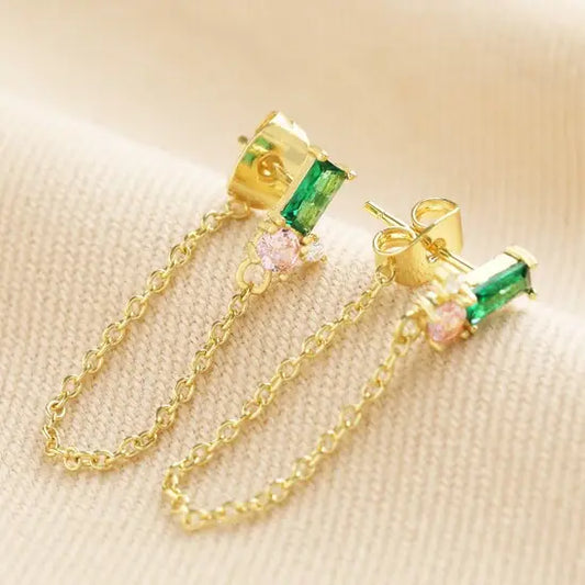 Green and Pink Crystal Chain Stud Earrings in Gold