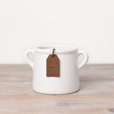 White pot/vase with ears and leather tag