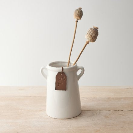 White pot/vase with ears and leather tag
