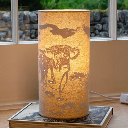 Scottish gift/ homeware.  L. Glow Highland Cow | Fabric Lamp | Cylinder | 25cm