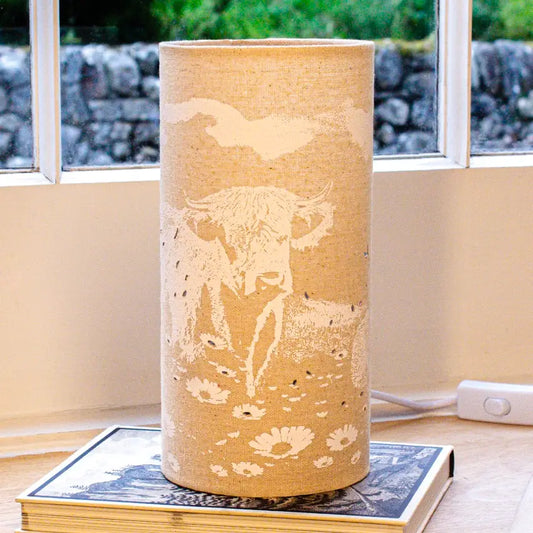 Scottish gift/ homeware.  L. Glow Highland Cow | Fabric Lamp | Cylinder | 25cm
