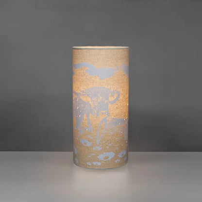 Scottish gift/ homeware.  L. Glow Highland Cow | Fabric Lamp | Cylinder | 25cm