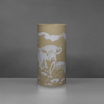 Scottish gift/ homeware.  L. Glow Highland Cow | Fabric Lamp | Cylinder | 25cm