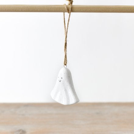 White porcelain smiley hanging ghost ornament