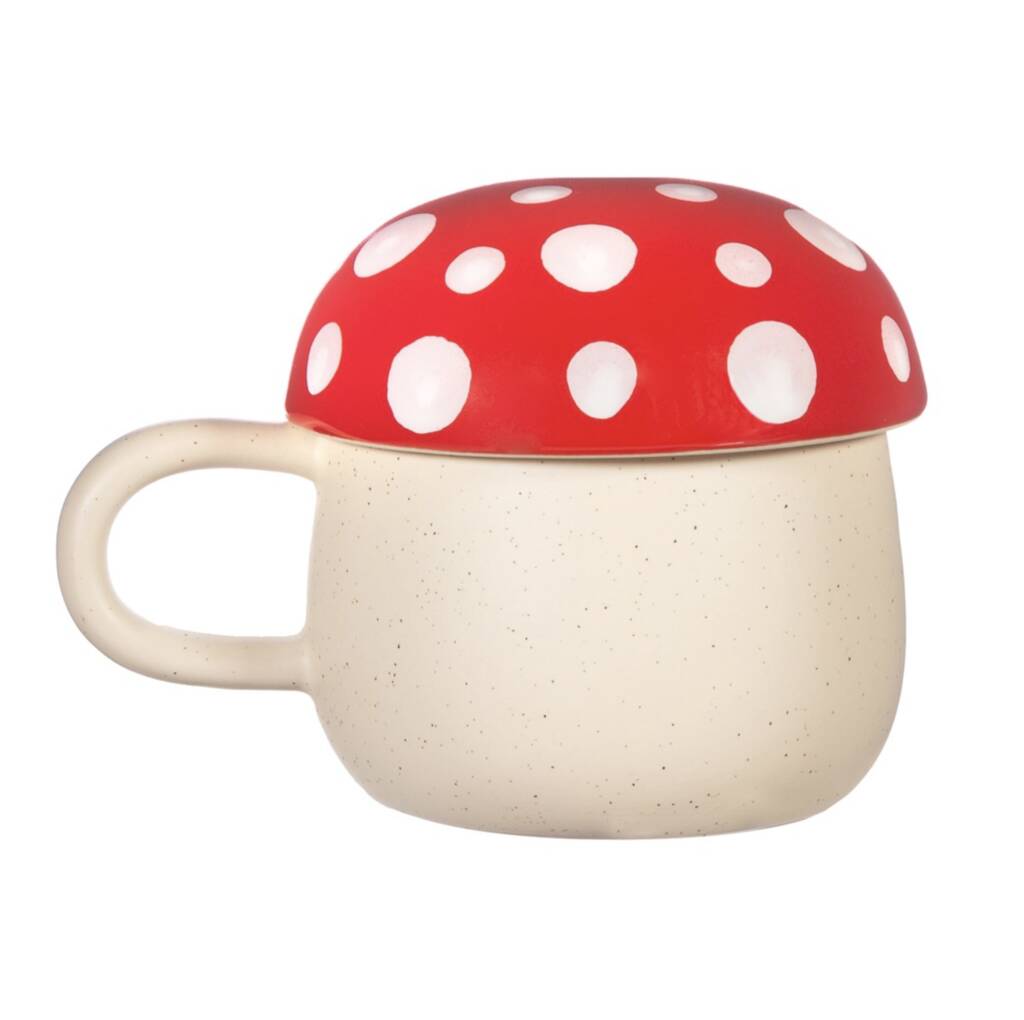 Red & cream mushroom mug with lid