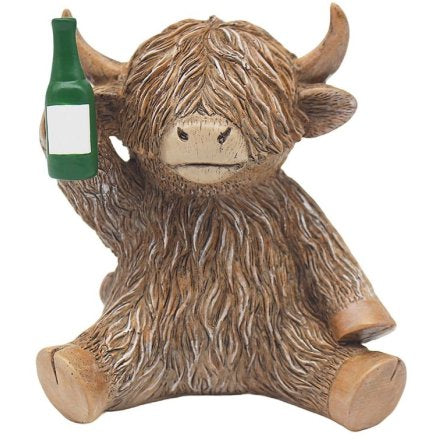 Highland Cow Holding Beer Bottle Orname t
