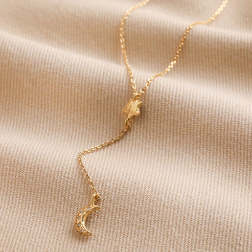Crystal Moon and Star Lariat Necklace in Gold