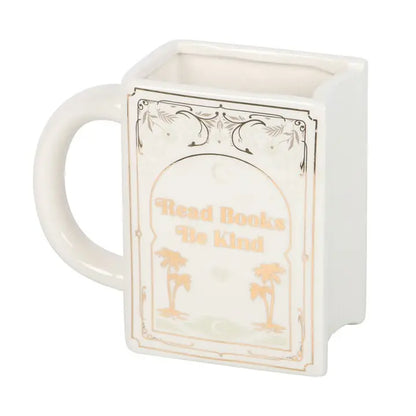 Read Books, Be Kind White Book Shaped Mug