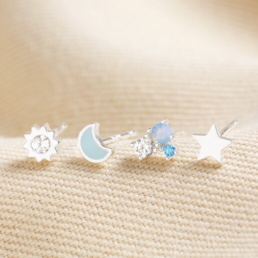 Set of Four Crystal Celestial Stud Earrings in Silver