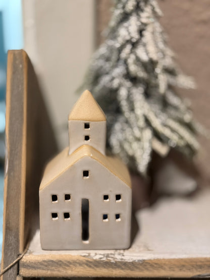 L. GLOW Home - White Church House Ceramic Tealight Holder