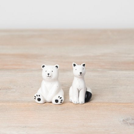 White ceramic Speckled Fox and Polar bear Ornament