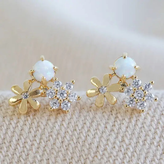 Double Flower Stud Earrings with Opal in Gold