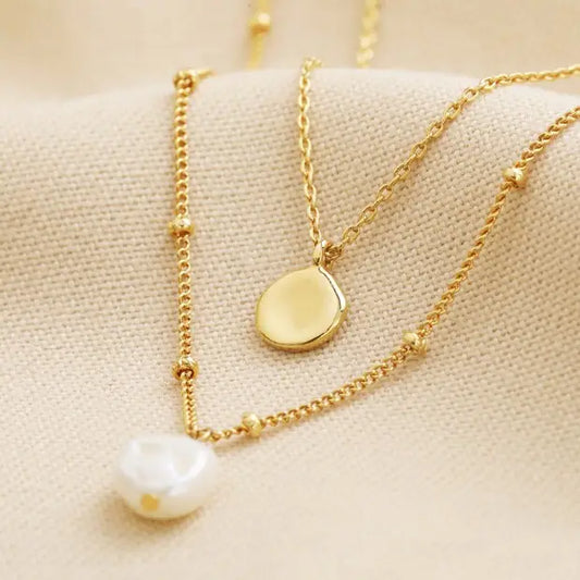 Double Pearl and Disc Necklace in Gold
