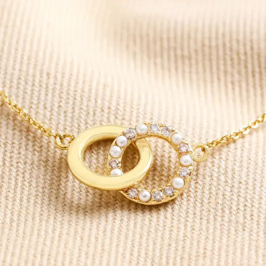 Interlocking Pearl Crystal Matte Circles Bracelet Gold